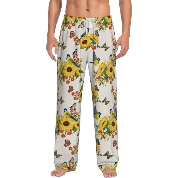 Vsdgher Bird Sunflowers Print Mens Pajama Pants Sleep & Lounge Pants, PJ Bottoms With elastic waistb and Pockets