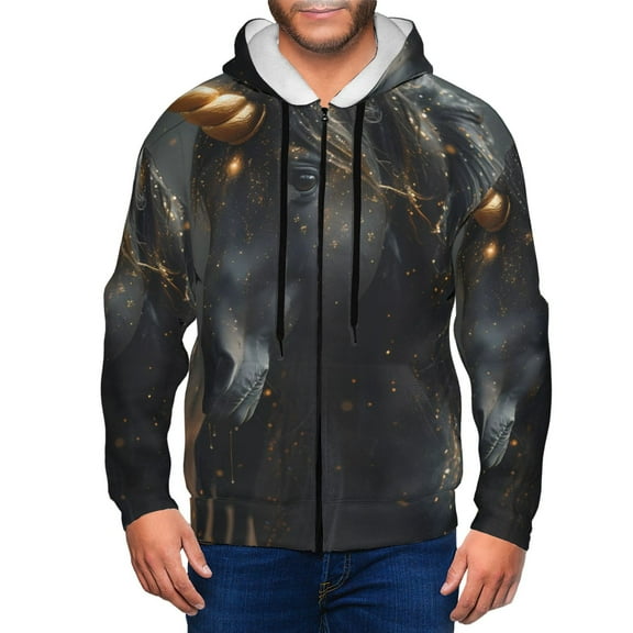 Vsdgher Black And Gold White Horse Mens Hoodies Zip Hoodie, Hoodies for Men, Zip-up Hooded Sweatshirt-X-Large