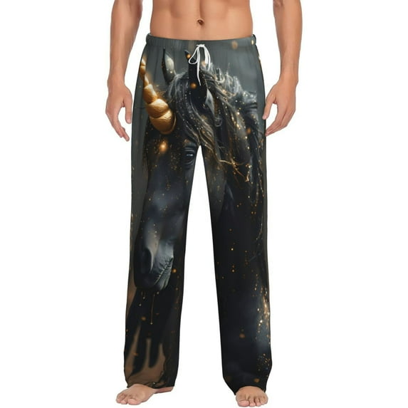 Vsdgher Black And Gold White Horse Print Mens Pajama Pants Sleep & Lounge Pants, PJ Bottoms With elastic waistb and Pockets