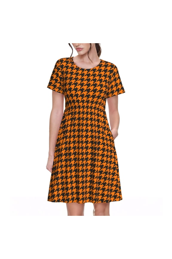 Black And Orange Houndstooth for Womens Summer 2025 Casual Midi Maxi Dresses Lightweight Short Sleeve Round Neck Beach Dress -X-Large