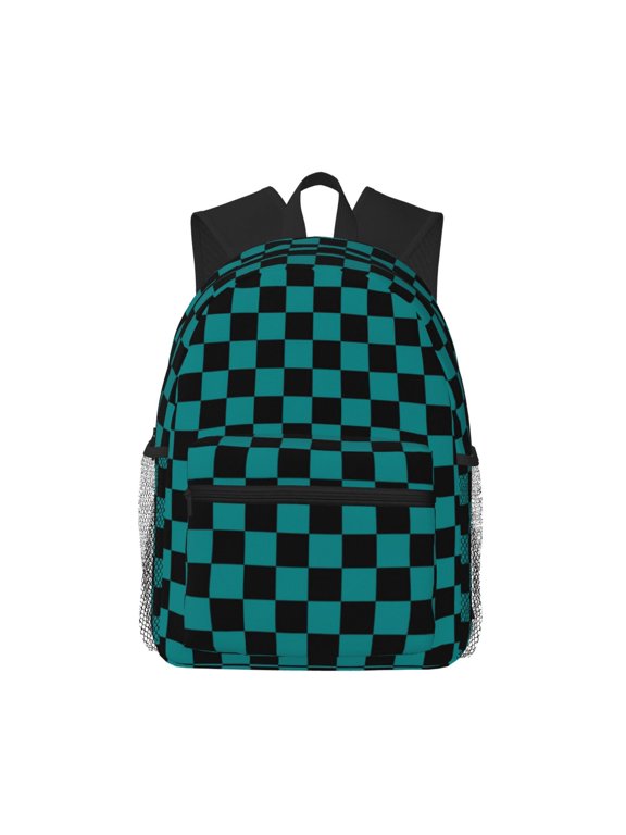 Black And Teal Checkerboard Unisex Large Capacity Bookbag, Schoolbag, Casual Daypack for High School, College, Teens, Travel, Work