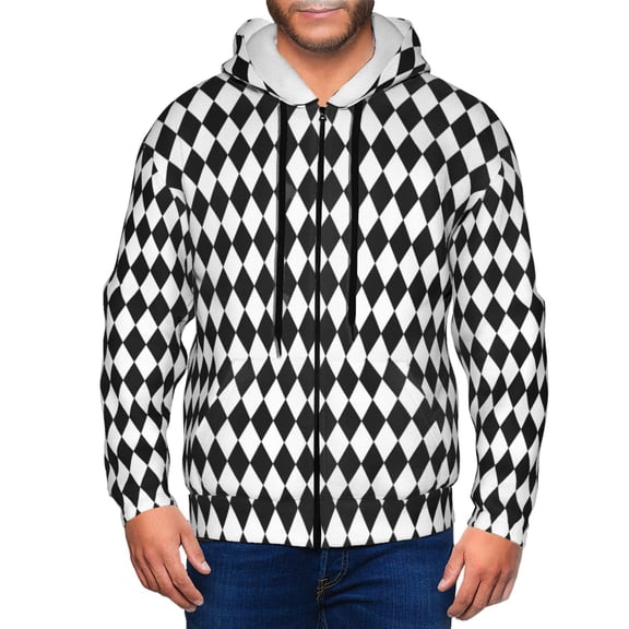Vsdgher Black And White Diamonds Mens Hoodies Zip Hoodie, Hoodies for Men, Zip-up Hooded Sweatshirt-Large