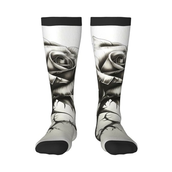 Vsdgher Black And White Rose Knee Socks, High Socks Long Stretchy Sock Women Knee High Stocking, Long Socks for Women