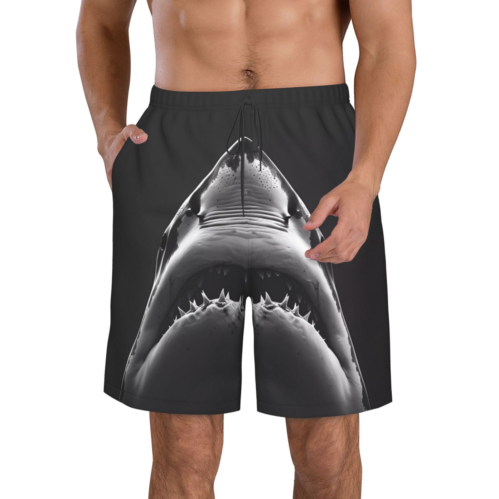 Vsdgher Black And White Shark Men's Beach Shorts, Surfing shorts, Swim trunks, Quick Dry Swim Trunks for Surfing Beach Fun -Large