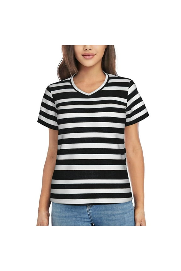 Black And White Stripes Women Shirts V Neck Short Sleeve Tops T-Shirt Basic Tees, S to 3XLMedium