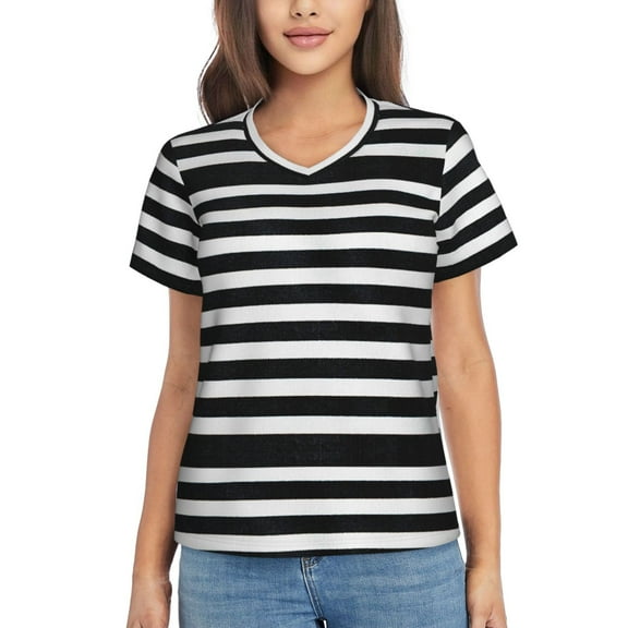 Vsdgher Black And White Stripes Women Shirts V Neck Short Sleeve Tops T-Shirt Basic Tees, S to 3XLSmall
