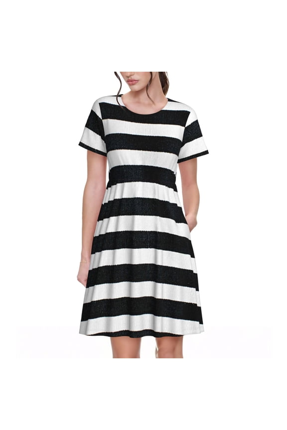 Black And White Stripes for Womens Summer 2025 Casual Midi Maxi Dresses Lightweight Short Sleeve Round Neck Beach Dress -Large