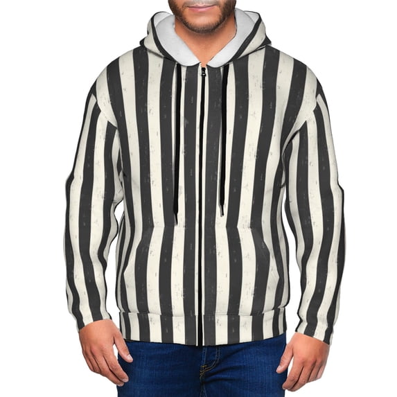 Vsdgher Black And White Thick Stripes Mens Hoodies Zip Hoodie, Hoodies for Men, Zip-up Hooded Sweatshirt-Large
