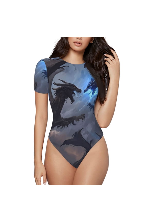 Black And Blue Lightning Dragon Prinr Short Sleeve Body suit for Womens, Sexy Onesie One Piece Round Neck Bodysuit Shapewear Tummy Control-Medium