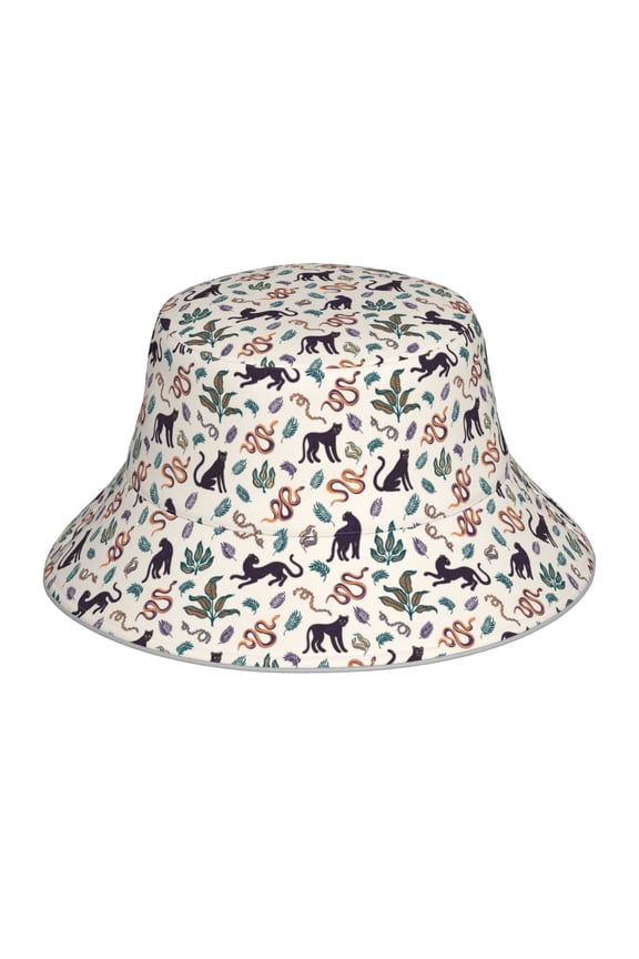 Black Cat And Snake Print Bucket Hat for Men&Women Bucket Hat Reversible Summer Double-Side-Wear Travel Gardening, Beach, Camping, Hiking, Fishing Cap