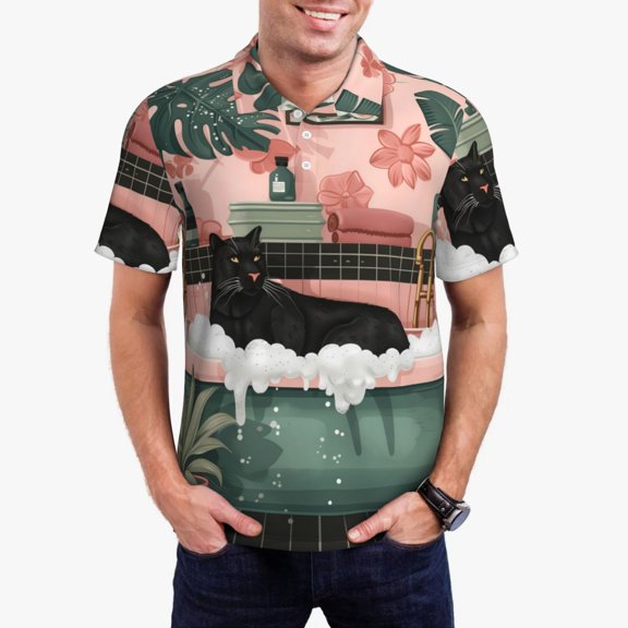 Vsdgher Black Cat Pink Bathroom Polo Shirts for Men, Men's Short Sleeve Stretch Polo Shirt, Shirts for Men-Medium