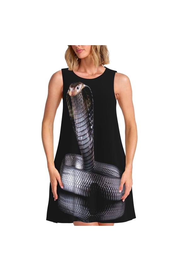Black Cobra Snake Print Summer Dresses for Women Casual U Neck Beach Dress Sleeveless Tank Loose Sundress with Pocket -Medium