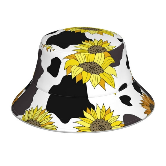 Vsdgher Black Cow Print With Sunflowers Country Print Bucket Hat for Men&Women Bucket Hat Reversible Summer Double-Side-Wear Travel Gardening, Beach, Camping, Hiking, Fishing Cap