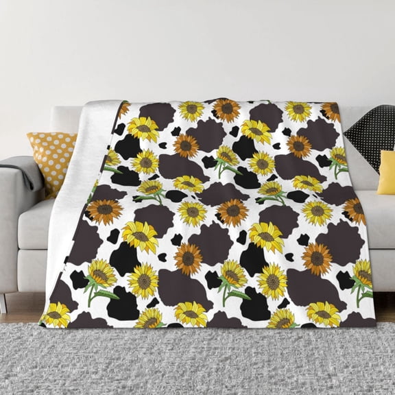 Vsdgher Black Cow Sunflowers Pattern Fleece Throw Blanket, Horizontal Fleece Bedding Home Decor for Couch & Bed All Season Use -40"x30"