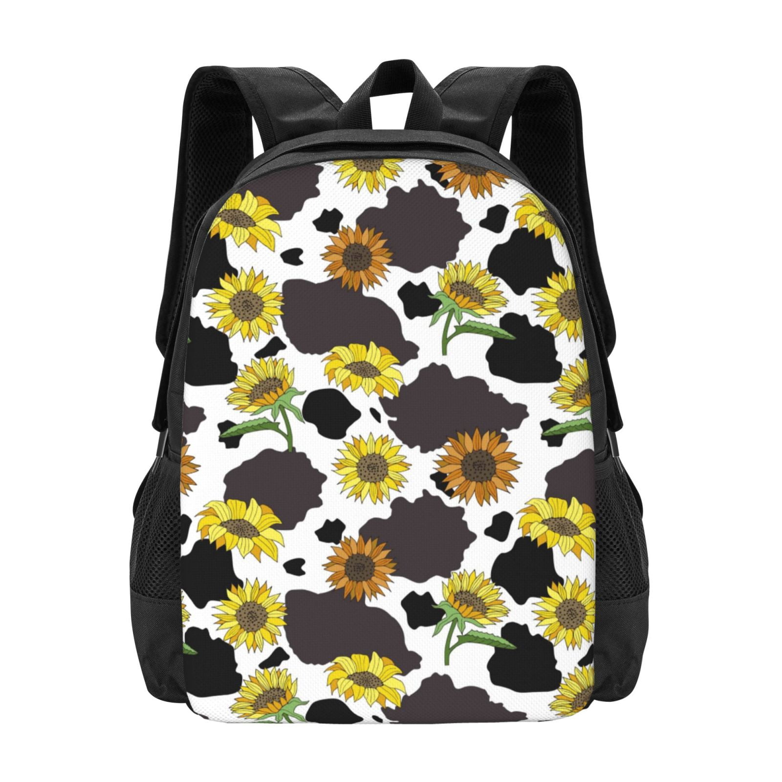 Vsdgher Black Cow Sunflowers Print Backpack for Women Men School Bookbag with Laptop Compartment for College Work Travel, Simple Fashion Casual Daypack, Fit 15" Laptop