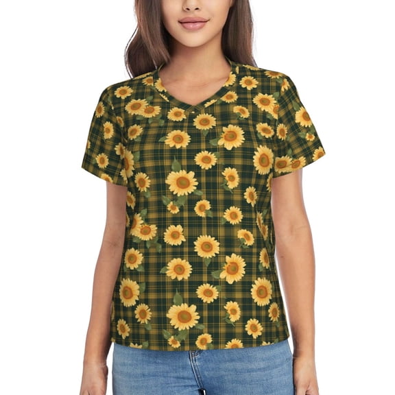 Vsdgher Black Ink Green Plaid Sunflower Women Shirts V Neck Short Sleeve Tops T-Shirt Basic Tees, S to 3XLSmall