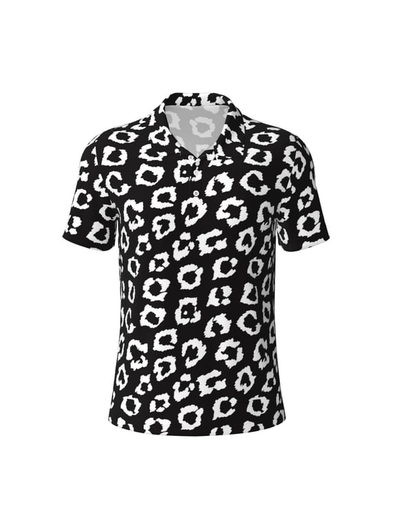 Black Leopard Print Men's Short Sleeve Stretch Polo Shirt, Moisture-Wicking Performance Polo Shirt
