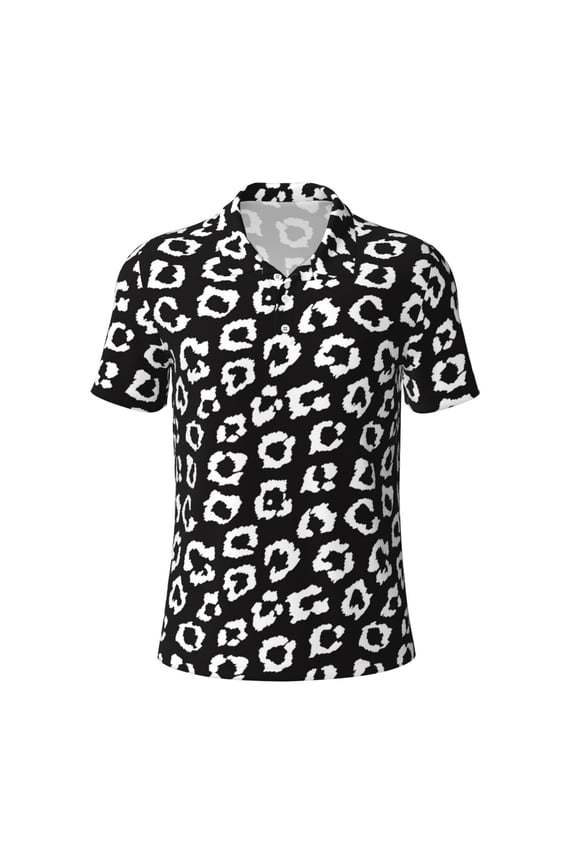 Black Leopard Print Men's Short Sleeve Stretch Polo Shirt, Moisture-Wicking Performance Polo Shirt