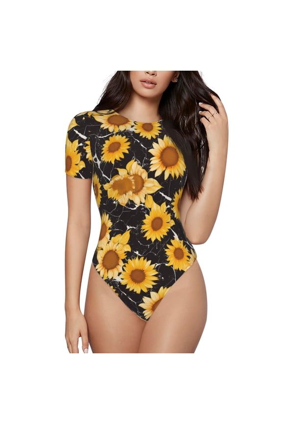 Black Marble Pattern Sunflower Prinr Short Sleeve Body suit for Womens, Sexy Onesie One Piece Round Neck Bodysuit Shapewear Tummy Control-Medium