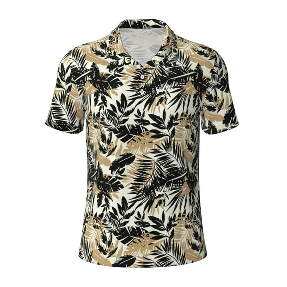 Vsdgher Black Palm Leaves Print Men's Short Sleeve Stretch Polo Shirt, Moisture-Wicking Performance Polo Shirt