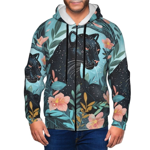 Vsdgher Black Panther Floral Illustration Mens Hoodies Zip Hoodie, Hoodies for Men, Zip-up Hooded Sweatshirt-