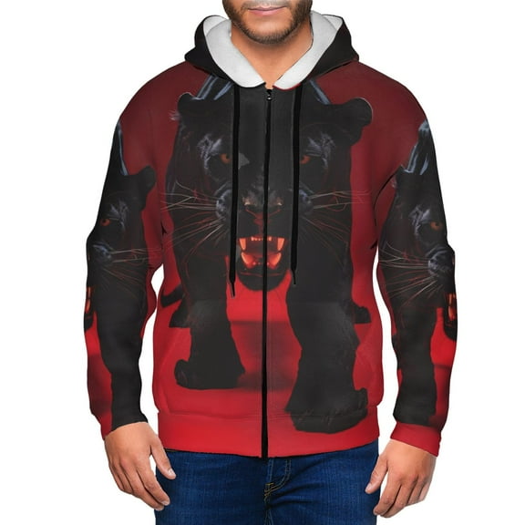 Vsdgher Black Panther Red Background Mens Hoodies Zip Hoodie, Hoodies for Men, Zip-up Hooded Sweatshirt-XX-Large