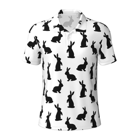 Vsdgher Black Rabbit Print Men's Short Sleeve Stretch Polo Shirt, Moisture-Wicking Performance Polo Shirt