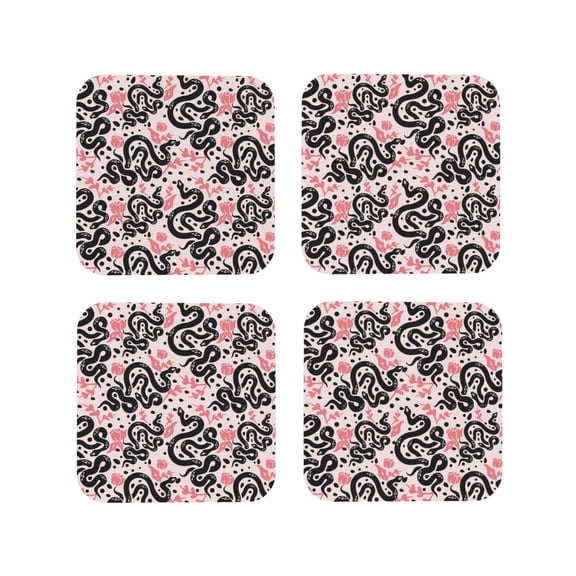 Vsdgher Black Snake Leather Coasters for Drinks, Durable Drink Coasters 4 Set for Tabletop Protection, Luxurious Home Décor and Housewarming Gift ( {designName})Square
