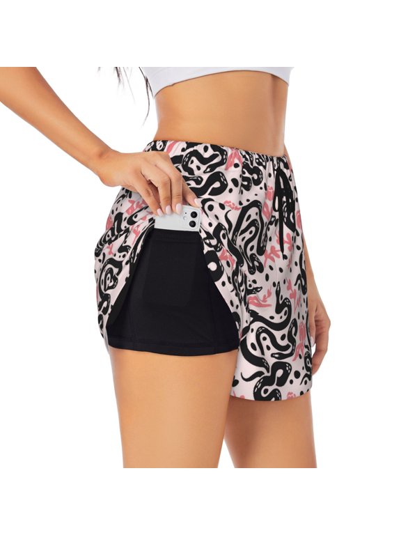 Black Snake Print Women's Running Double Layer Shorts High Waisted with Pockets Elastic Yoga Workout Athletic Gym Sports