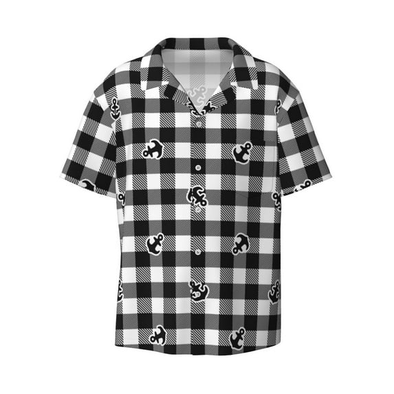 Vsdgher Black Tartan Plaid Print Men's Wrinkle Free Untucked Cuban Shirt Business Casual Button Down Shirts Short Sleeve Shirt