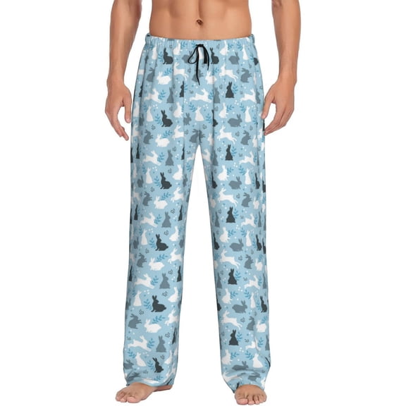 Vsdgher Black White Gray Rabbit Print Mens Pajama Pants Sleep & Lounge Pants, PJ Bottoms With elastic waistb and Pockets
