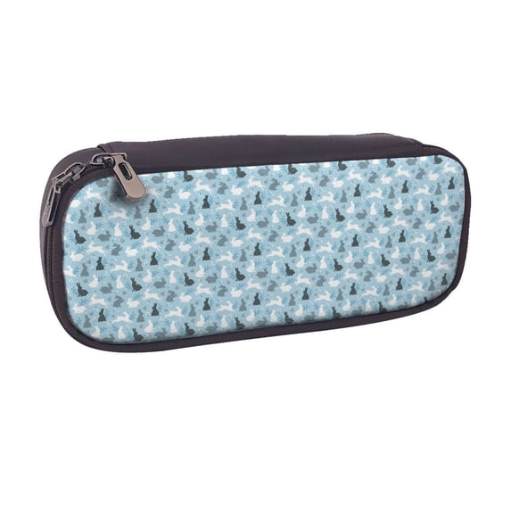 Vsdgher Black White Gray Rabbit Print Pen Case Leather Pencil Pouch Markers Holder Big Capacity Bag with Zippered Pocket for Stationery Tool