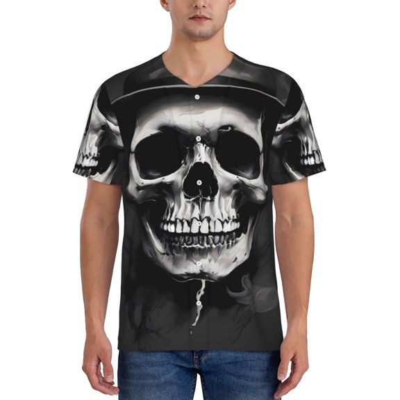 Vsdgher Black White Hat Skull Mens T-Shirts Baseball Vintage Fashionable Lightweight Casual Crew Neck Slim Fit with Long Sleeves-4X-Large