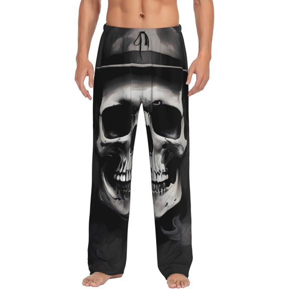 Vsdgher Black White Hat Skull Print Mens Pajama Pants Sleep & Lounge Pants, PJ Bottoms With elastic waistb and Pockets