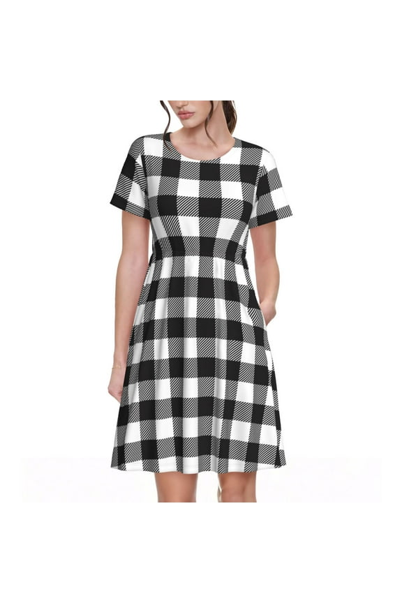 Black White Plaid for Womens Summer 2025 Casual Midi Maxi Dresses Lightweight Short Sleeve Round Neck Beach Dress -Small