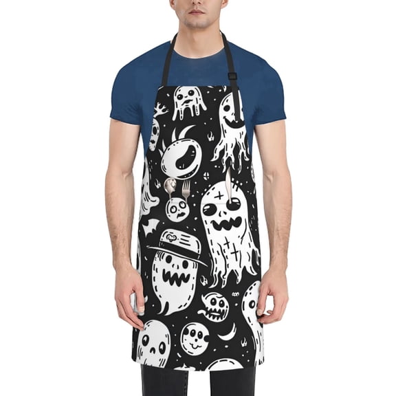 Vsdgher Black White Spooky Ghosts Waterproof Apron with 2 Pockets Kitchen Chef Aprons Bibs for Grooming Cooking Baking Painting Gardening