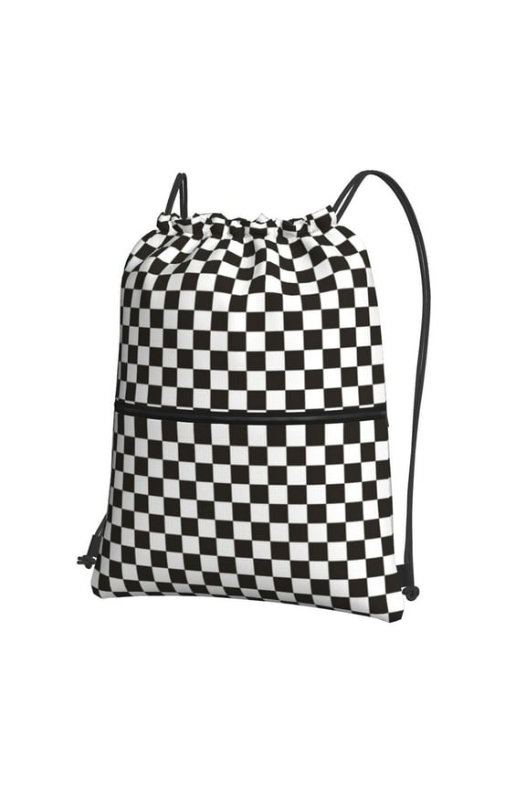 Black and White Checkerboard Drawstring Backpack Water Resistant String Bag Sports Sackpack Gym Sack for Men Women