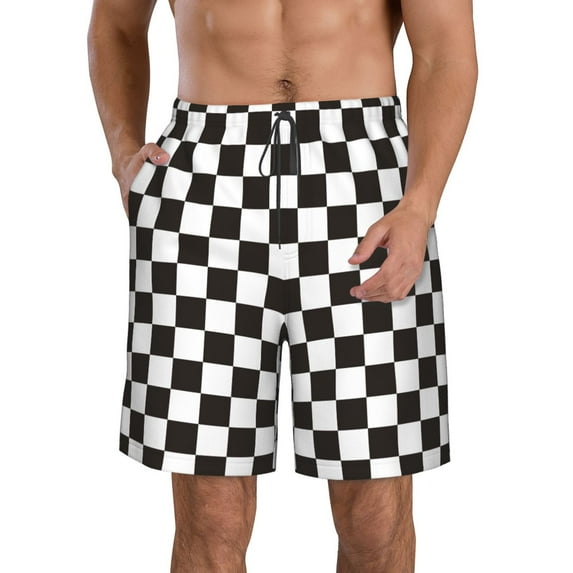 Vsdgher Black and White Checkerboard Men's Beach Shorts, Surfing shorts, Swim trunks, Quick Dry Swim Trunks for Surfing Beach Fun -Small