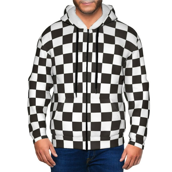 Vsdgher Black and White Checkerboard Mens Hoodies Zip Hoodie, Hoodies for Men, Zip-up Hooded Sweatshirt-X-Large