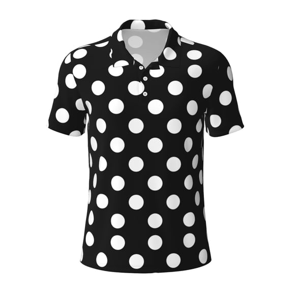 Vsdgher Black and White Polka Dot Print Men's Short Sleeve Stretch Polo Shirt, Moisture-Wicking Performance Polo Shirt