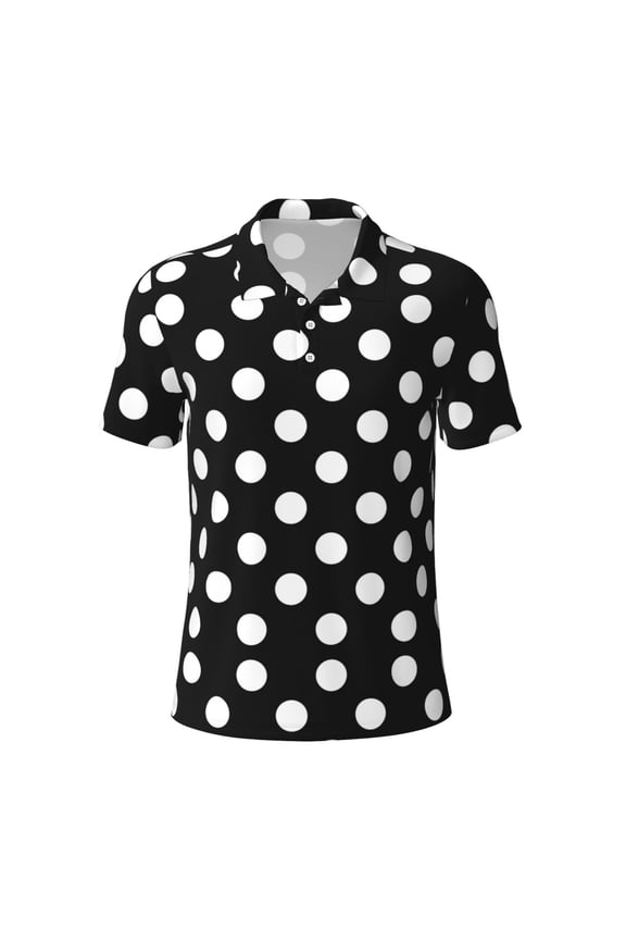 Black and White Polka Dot Print Men's Short Sleeve Stretch Polo Shirt, Moisture-Wicking Performance Polo Shirt