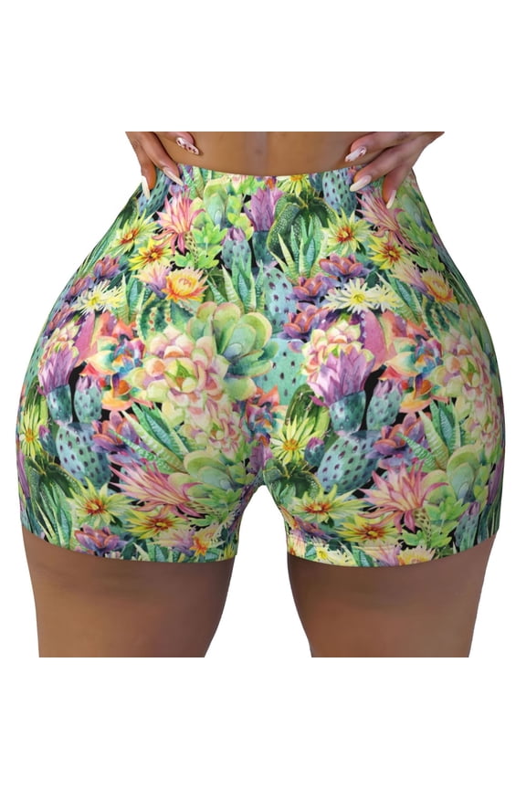Blooming Cactus print Workout Shorts for Women Seamless Soft Smooth Gym Yoga Scrunch Active Exercise Fitness Shorts