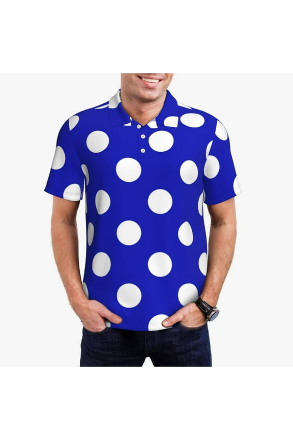 Blue And White Polka Dot Polo Shirts for Men, Men's Short Sleeve Stretch Polo Shirt, Shirts for Men-Large