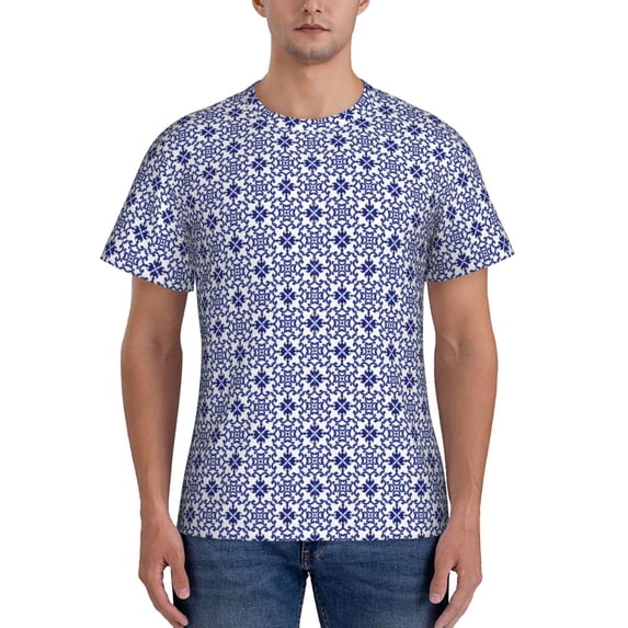 Vsdgher Blue And White Porcelain Chinaware Print Men's Dry Fit Mesh Athletic Shirts Moisture Wicking Tennis T-Shirt Tops