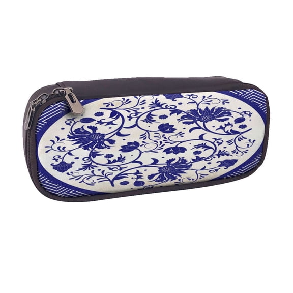 Vsdgher Blue And White Porcelain Pattern Print Pen Case Leather Pencil Pouch Markers Holder Big Capacity Bag with Zippered Pocket for Stationery Tool