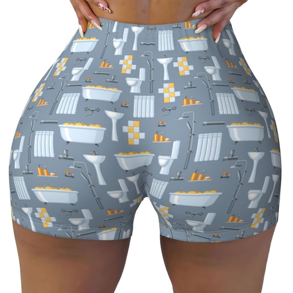Vsdgher Blue Bathroom print Workout Shorts for Women Seamless Soft Smooth Gym Yoga Scrunch Active Exercise Fitness Shorts