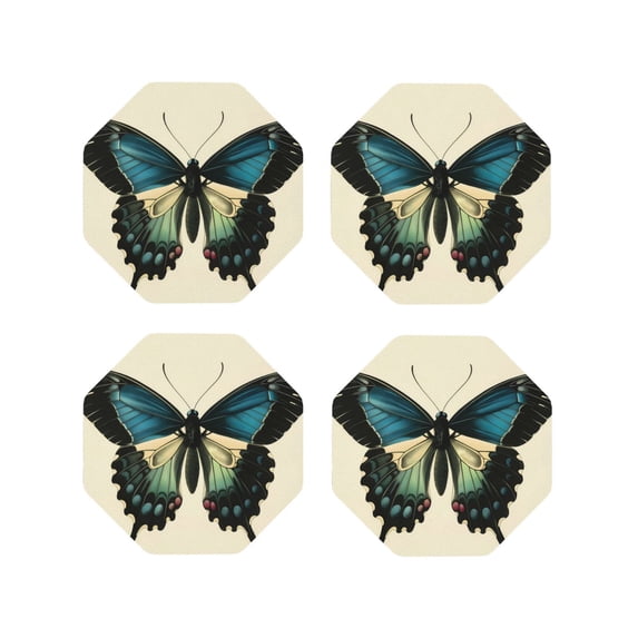 Vsdgher Blue Black Butterfly Art Leather Coasters for Drinks, Durable Drink Coasters 4 Set for Tabletop Protection, Luxurious Home Décor and Housewarming Gift-Octagon