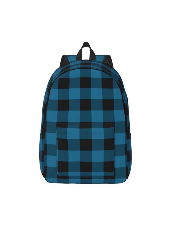 Blue Black Plaid Print Canvas Backpack Travel Rucksack Unisex Knapsack 15.7/17.7Inch Laptop Backpack for Work,College -Small