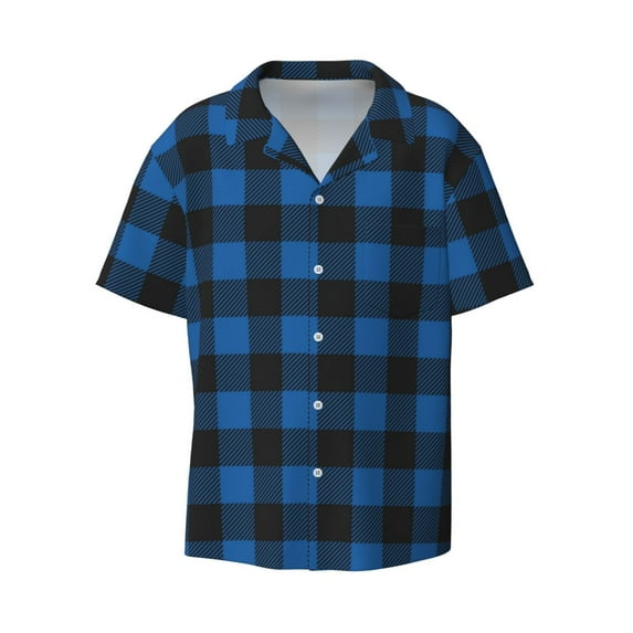 Vsdgher Blue Black Plaid Print Men's Wrinkle Free Untucked Cuban Shirt Business Casual Button Down Shirts Short Sleeve Shirt