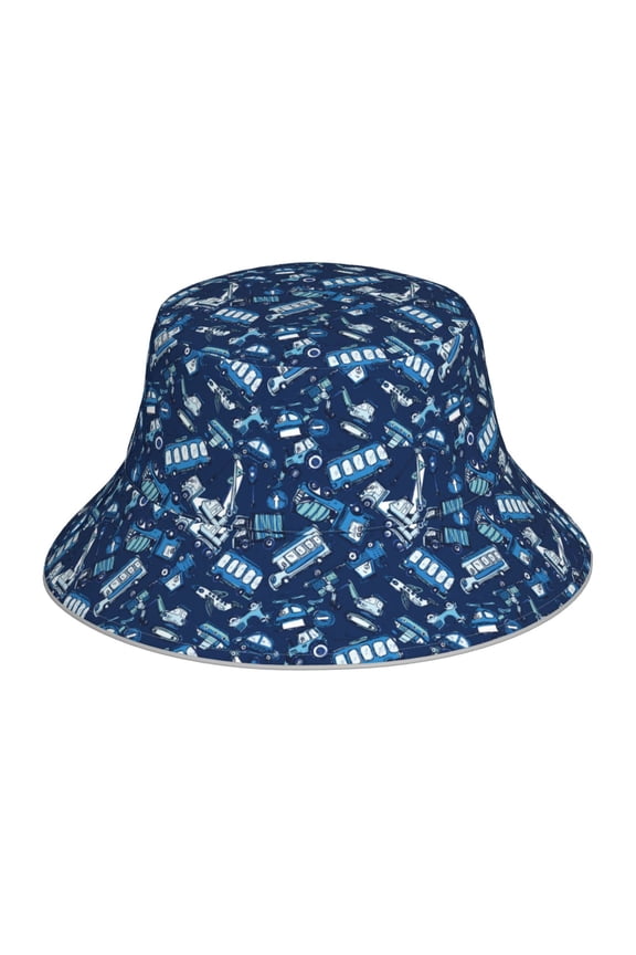 Blue Bus Print Bucket Hat for Men&Women Bucket Hat Reversible Summer Double-Side-Wear Travel Gardening, Beach, Camping, Hiking, Fishing Cap